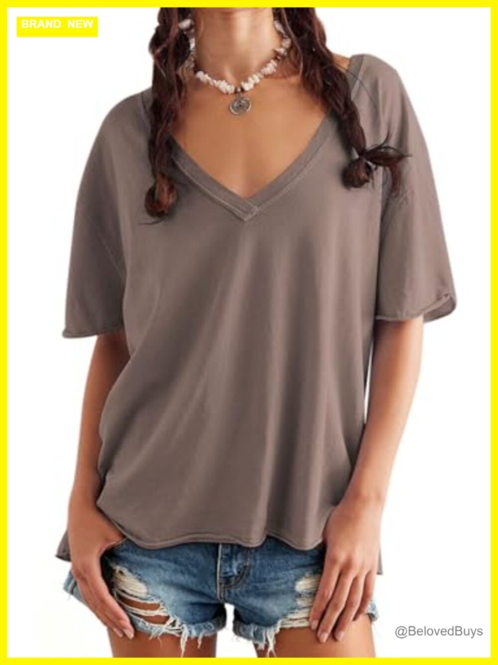 Oversized Deep V-Neck Short Sleeve T-Shirt Loose Fit Casual Summer Top